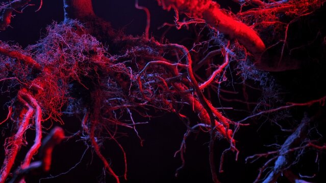 Macro shot of complex plant roots illuminated with red and blue lighting creating a surreal effect.