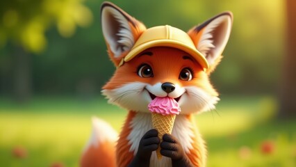 Obraz premium Adorable red fox eating ice cream cone, wearing sun visor smiling cheerful delighted, soft blurred park background green summer
