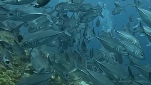 Large school of Bigeye Trevally fish in open water
