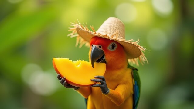 Cute parrot eating mango tropical fruit, wearing tiny straw hat colorful cheerful, bright blurred jungle background summer green
