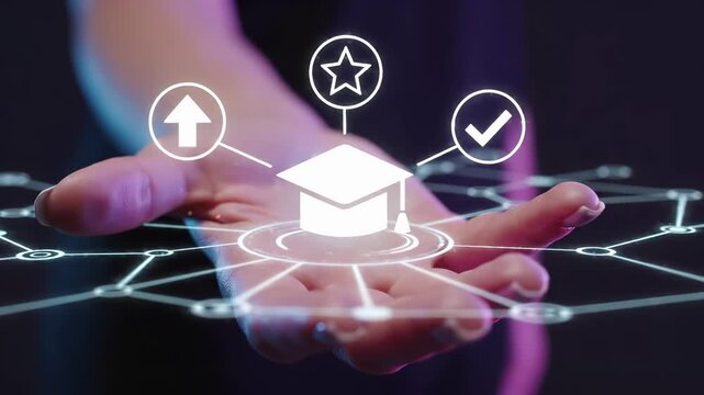 Digital education with graduation cap, achievement symbols and checkmark. Online learning platform, academic success and elearning technology with network connections and quality rating.