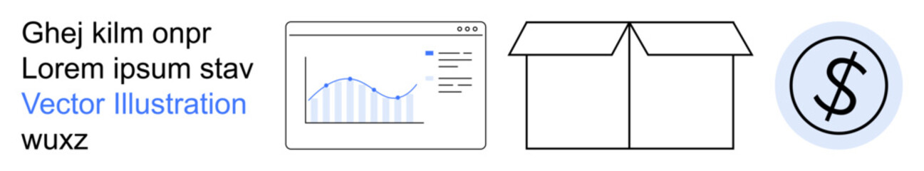 Obraz premium Business processes, data analytics, shipping, finance, e-commerce, packaging solution. A graph, open box and dollar icon convey analytics and commerce. Data analytics and shipping concept