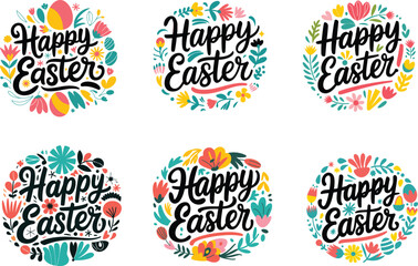 Fototapeta premium Happy Easter floral round badges set with hand drawn calligraphy text vector illustration