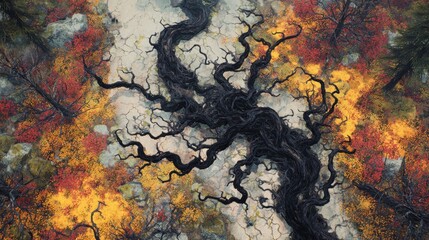 Bright colors of autumn leaves surround dark twisted roots along the path