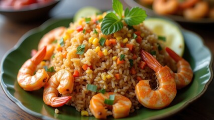 Indonesian nasi goreng fried rice dish, colorful vegetables egg shrimp appetizing, traditional cuisine authentic street food