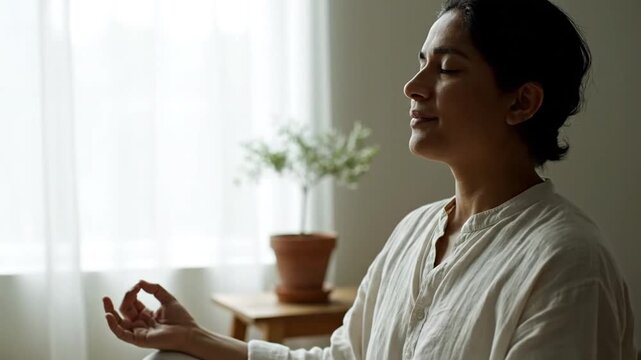 Serene woman meditating with chin mudra indoors by window light