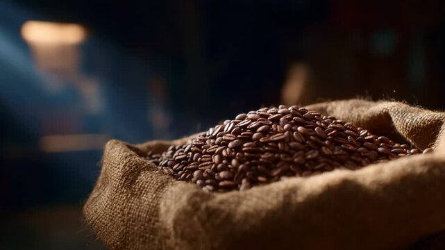 Fresh Coffee Beans Glimmering in Light, Capturing the Essence of Roasted Perfection in a Burlap Sack, Evoking Aroma and Flavor of Gourmet Brews.