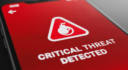 Critical Threat Detected Cybersecurity Warning on Mobile Phone Screen. Digital Security Alert, Virus Malware Attack, Hacking Risk, Data Protection Failure, Urgent Notification
