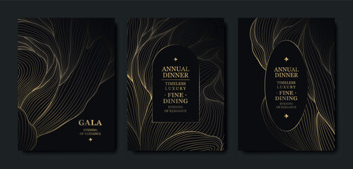 Obraz na płótnie Canvas Elegant black background, gold line pattern, gala cards, premium invitations. Luxury abstract vector template, geometric shapes, wavy design, VIP events, business dinners, weddings, posters, flyers
