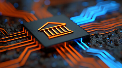 A close-up view of a circuit board with a bank icon on it