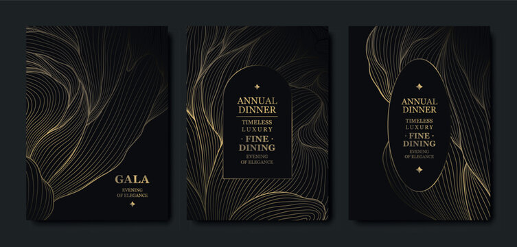 Elegant black background, gold line pattern, gala cards, premium invitations. Luxury abstract vector template, geometric shapes, wavy design, VIP events, business dinners, weddings, posters, flyers