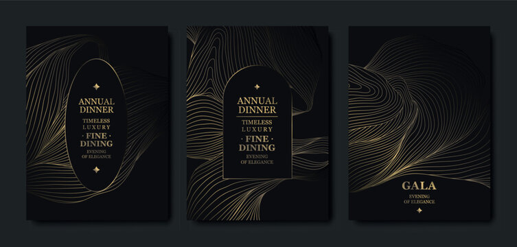 Elegant black background, gold line pattern, gala cards, premium invitations. Luxury abstract vector template, geometric shapes, wavy design, VIP events, business dinners, weddings, posters, flyers