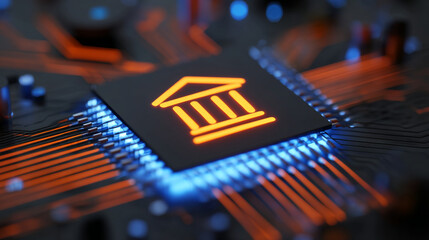 A close-up view of a computer chip with a bank icon on it