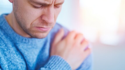 Obraz premium Man experiencing shoulder pain indoors during daytime