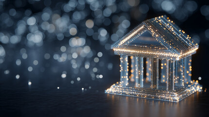 A small glass building with lights on a dark background