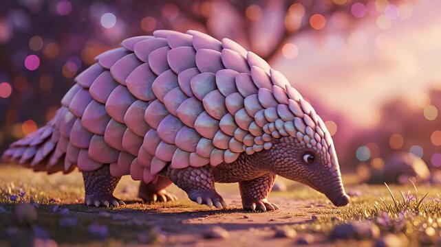 Pangolin foraging slowly in a field during magic hour, wildlife scene