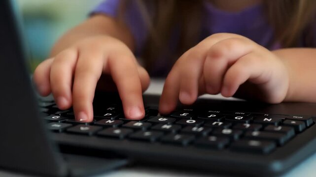 Child's hands typing on a laptop keyboard, focusing on the movement of fingers and keys in a closeup shot during a study session in the afternoon