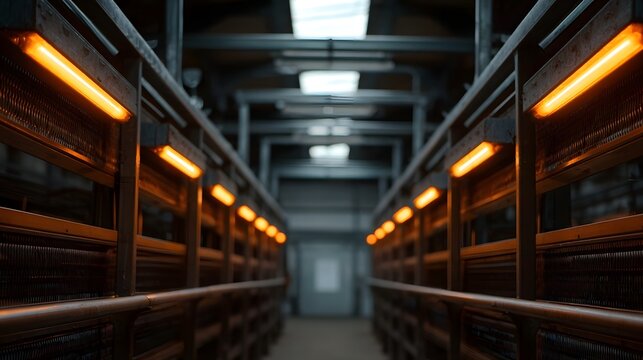 Vibrant orange lights illuminate long parallel rows of industrial racks within a dark modern facility