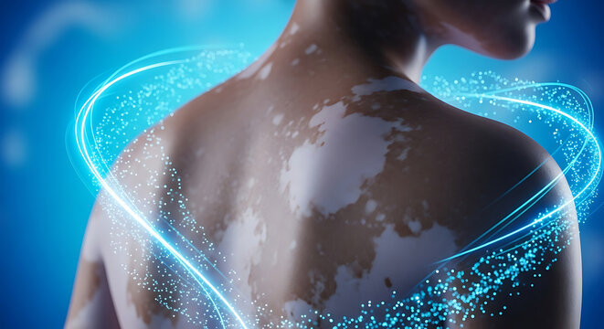 Woman with vitiligo skin condition and glowing blue particles around her