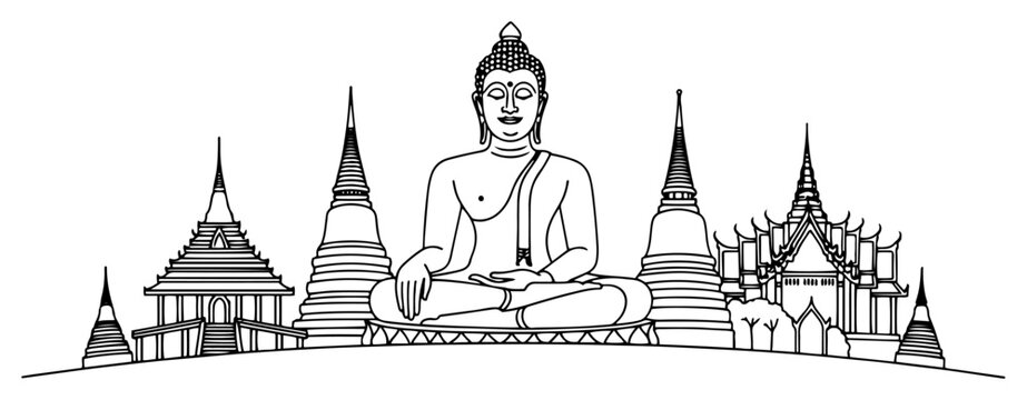 Sitting Buddha statue with thai temple pagodas background