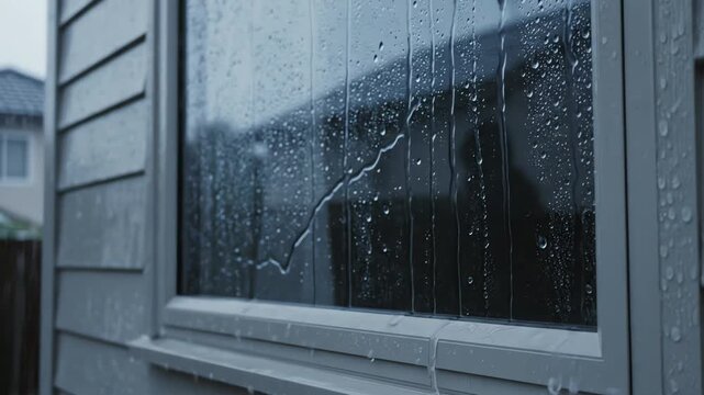 Raindrops on House Window in Quiet Overcast Daylight &ndash; AI Generated