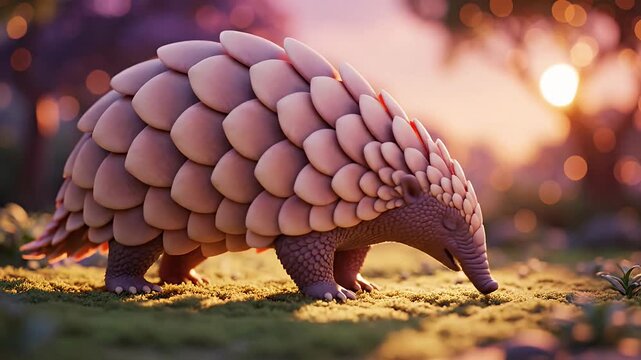 Pangolin walking slowly on grass with a blurred background