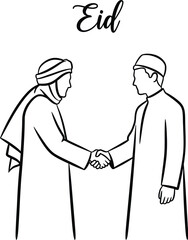 Fototapeta premium Two men in traditional islamic attire shaking hands on Eid celebration