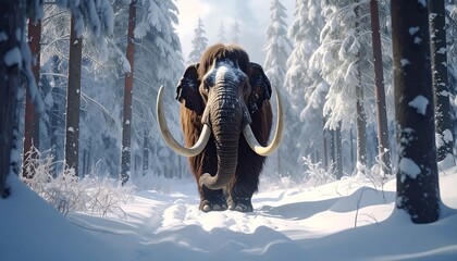 Majestic Woolly Mammoth in Snowy Forest.