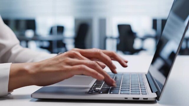 Human hands typing on a silver laptop keyboard in a bright office environment provide a versatile visual for business blogs and corporate websites.