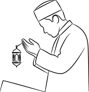Muslim man profile praying with open palms holding lantern during holy month ramadan
