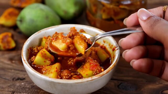 Homemade mango pickle preparation in a bowl with raw mangoes and a jar in the background