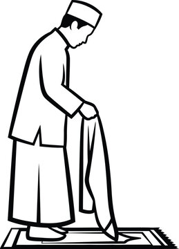 Muslim man standing on prayer mat with a tasbih or prayer beads, simple line vector illustration
