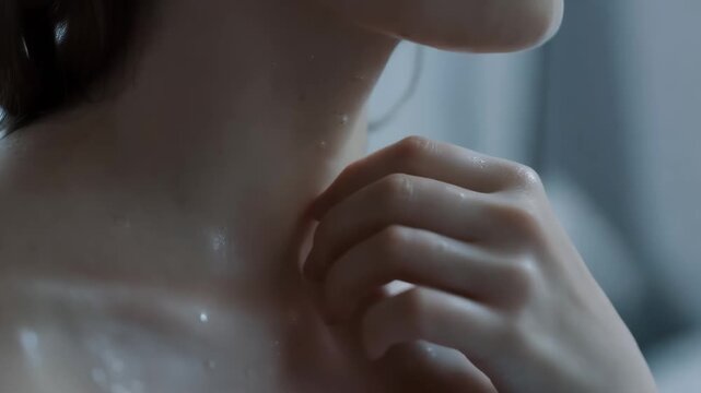 Closeup shot of woman touching her neck and collarbone in studio light after shower with water drops on skin