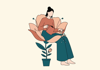 Woman nurturing herself and personal growth with watering can and flower © ObStock