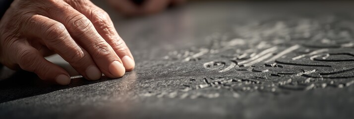 Obraz premium Hand touching engraved calligraphy on dark marble monument, funeral concept