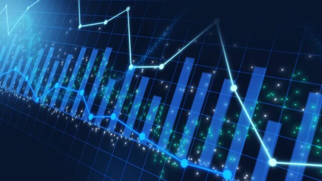 Trade, technology, investment and analysis glowing big data forex candlestick chart 