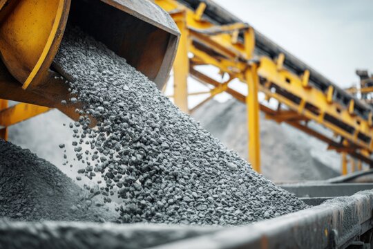 Crushed Raw Materials Flow From a Machinery System for Cement Production at a Construction Site in a Mill Environment