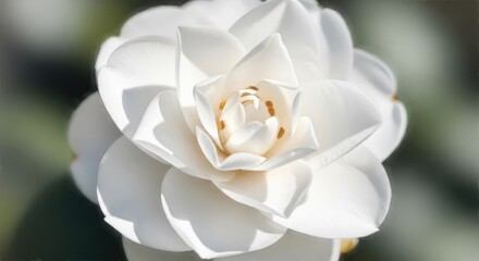 A close-up of a white flower with delicate petals and a central bud, set against a blurred natural background.