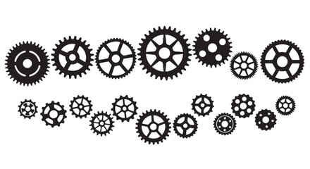 Black silhouette of various sized interlocking gears on Transparent Background for engineering or teamwork concepts.