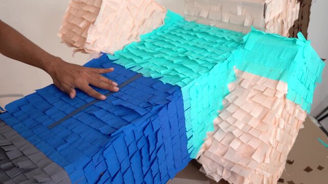 Paper craft cardboard figure of a man with blue clothes, handmade