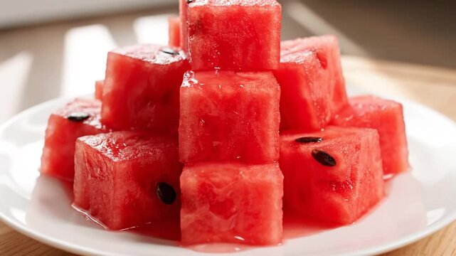 Clear water being poured over fresh watermelon cubes on a white plate