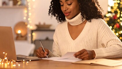 Woman Writing at Desk with Christmas Tree.
