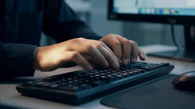 Closeup of hands typing at a computer for online research article editing at night in an office setting with a deadline approaching