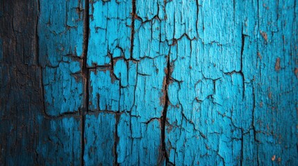 Old wooden surface with blue paint peeling off in daylight