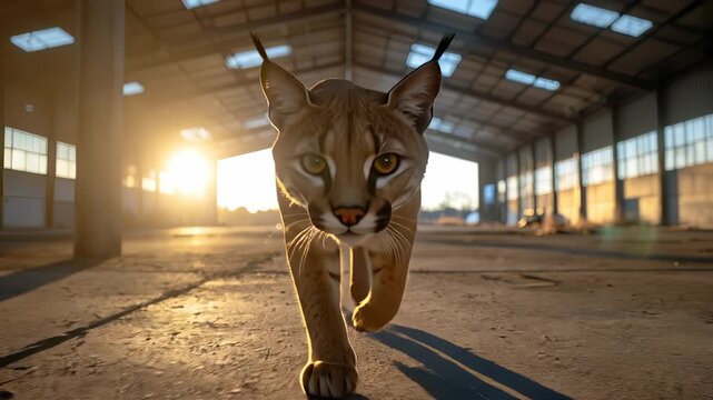 Majestic Lynx Walks Towards Camera in Abandoned Building at Sunset.