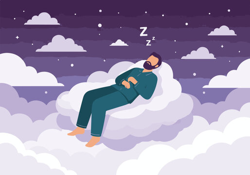Peaceful man in pajamas sleeping soundly on a fluffy cloud at night
