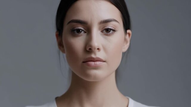 Portrait of a woman with a serious expression against a grey background showcasing her natural skincare routine and confidence in her appearance