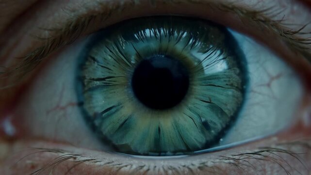 Closeup of human eye iris opening and pupil expanding in natural light during daytime activity