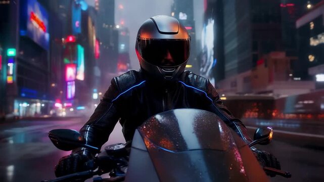 Lonely biker rides through a neon-lit cyberpunk megacity at night during heavy rain