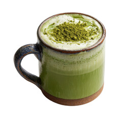 A ceramic mug filled with green matcha latte and topped with foam on a black background